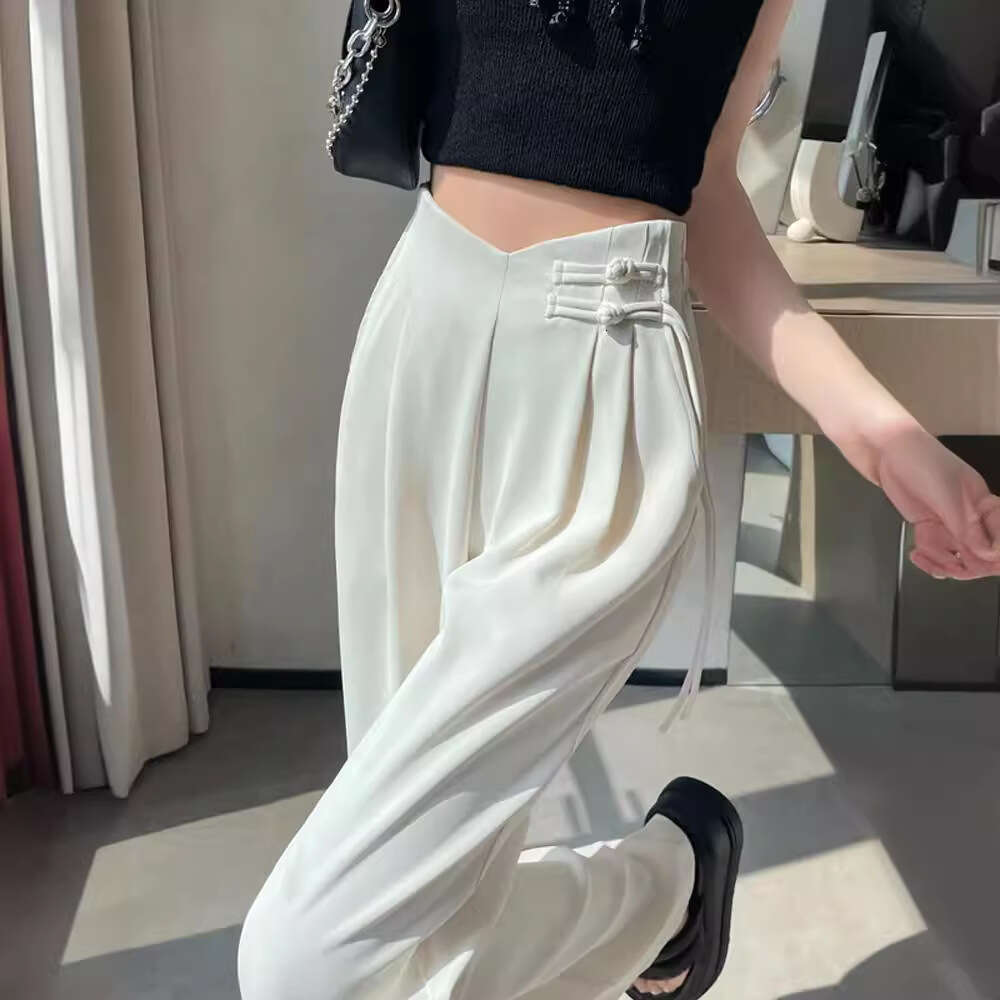 Plus Size New Chinese Style Suit Women, Summer Thin Chiffon Wide-Leg Pants, High Waist, Draped Casual Straight Pants For Petite Women B5