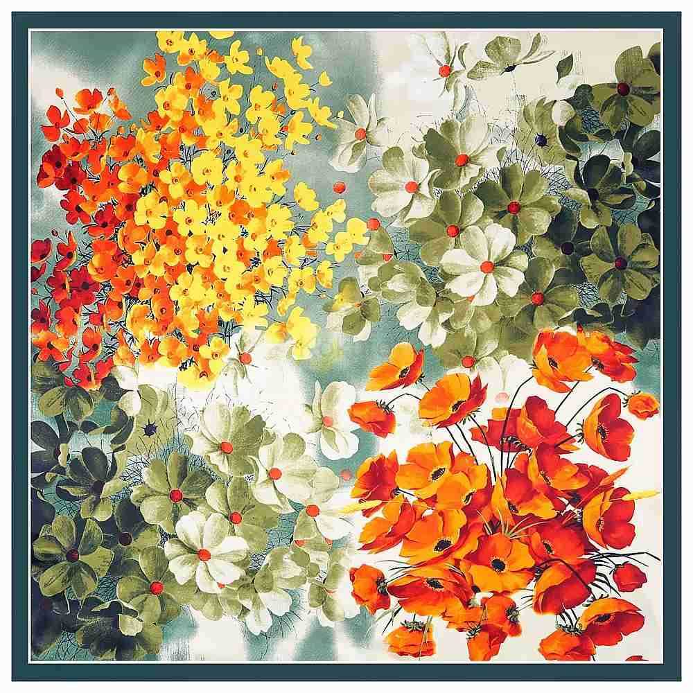 90*90cm Luxury Brand Twill Silk Large Scarf Women Fashion Flower Pattern Satin Square lady Design Handkerchief Bandanna foulard M250709