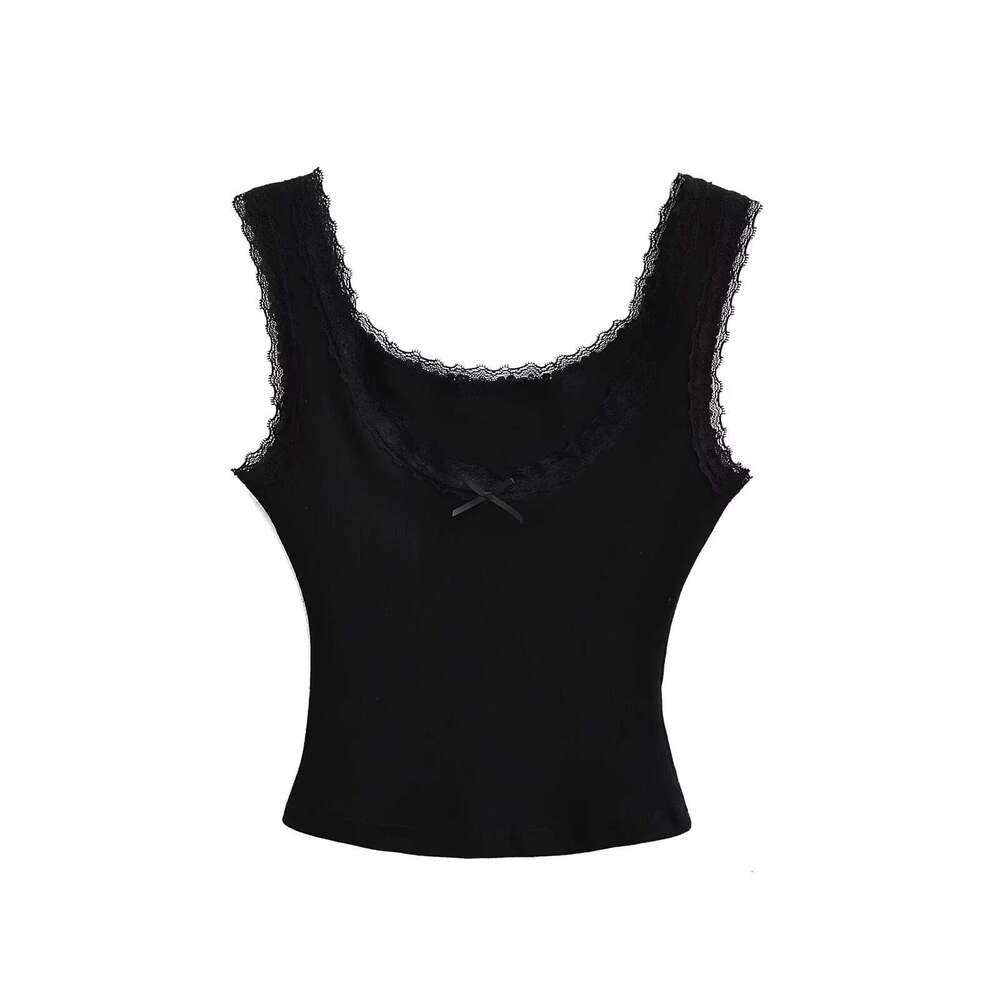 Summer Hot Girl Low Round Neck Lace Trim Bowknot Tank Top Women Short Elastic Slim Fit Sleeveless Camisole B5