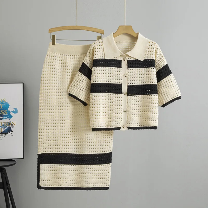 Fashion Lapel Neck Knit Loose TopLong Skirt Sets Knitted Casual Two Pieces in Summer Hollow Out Beach Suits 250709