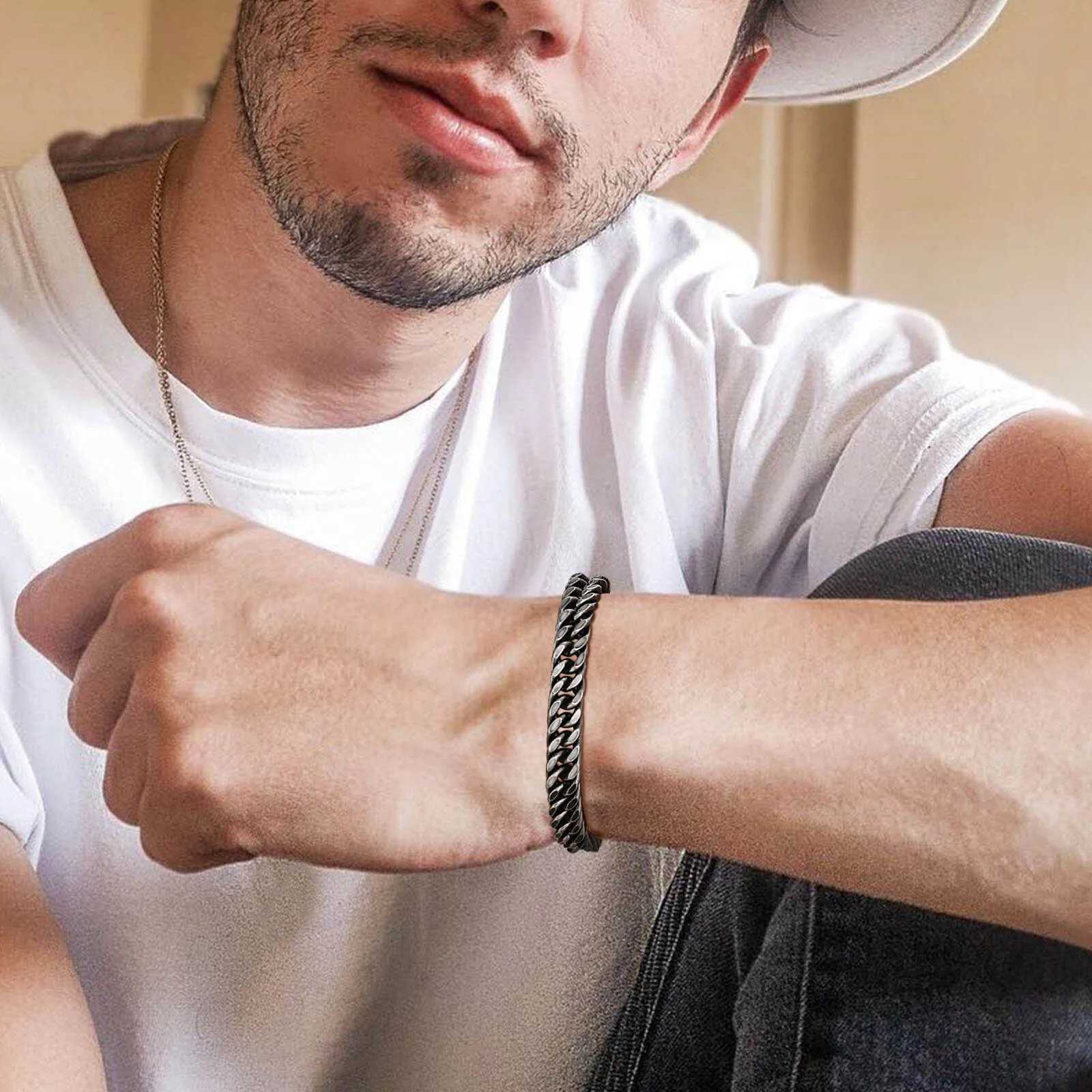 8mm/12mm Bold Heavy Stainless Steel Cuban Bracelets for Men Boys Oxidized Metal Wristband Punk Rock Chain Bracelet Jewelry W250728