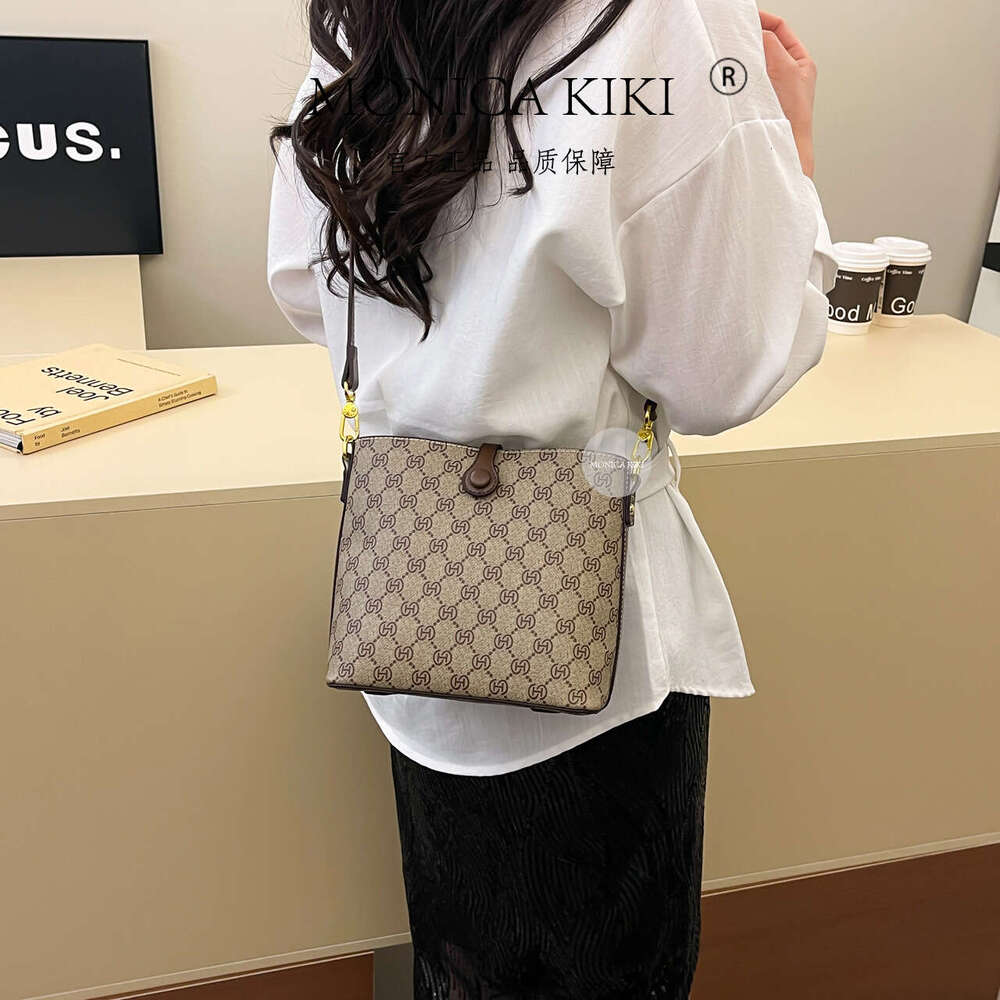 Monica Qiqi Light Gray Monogram Large Capacity Bucket Bag for Women 2025 New Single Shoulder