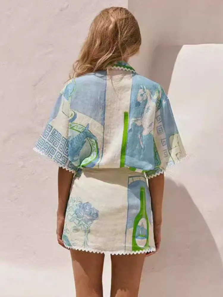 Fashion Printed Ruffle 2 Piece Set Women Summer Casual Patchwork Holiday Trendy Pocket Button Tops And Mini Skirt Two Sets 250707