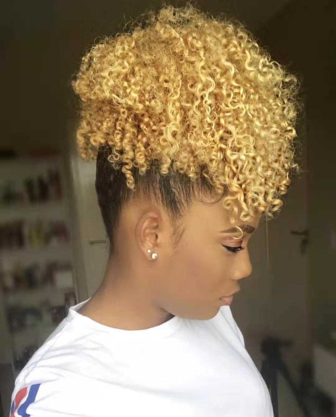 Chic Short high ponytail yellow blonde kinky curly puff bun extension hairpiece with drawstirng clip ins 100%human hair pony tail hair piece 100g 120g