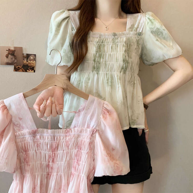 French Style Square Neck Floral Short Sleeve Shirt Women, Summer Plus Size, Slimming, Ruched, Elegant Chiffon Blouse For Women B5