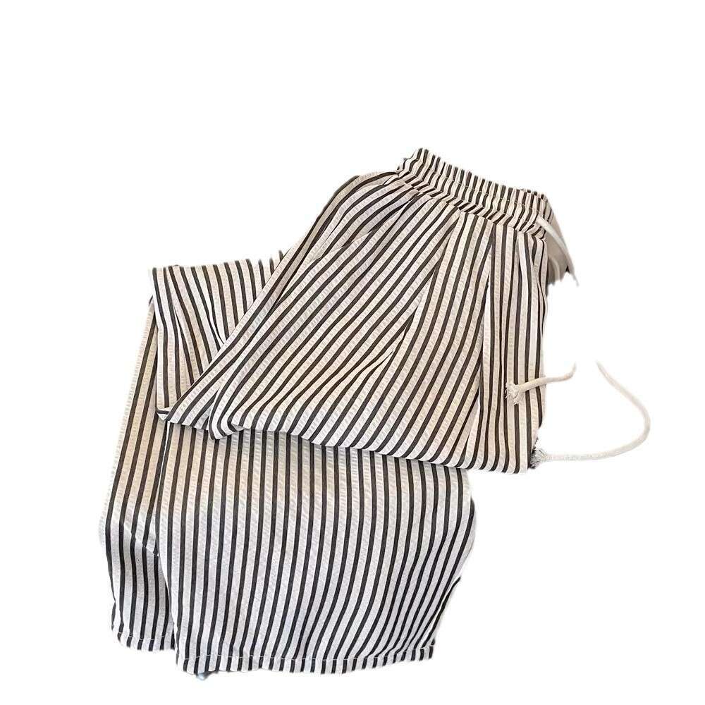 Fashion Vertical Striped Lazy Style Straight Wide Leg Embroidered Long Spring Autumn Casual Black White Scimitar Walking Pants For Women B5