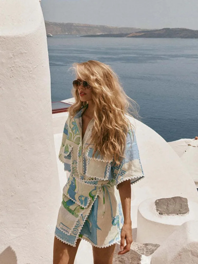 Fashion Printed Ruffle 2 Piece Set Women Summer Casual Patchwork Holiday Trendy Pocket Button Tops And Mini Skirt Two Sets 250707