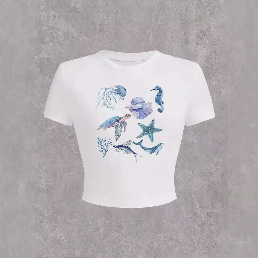 Women's Marine Life Print Summer Crop Top Versatile Round Neck Casual T-Shirt B5