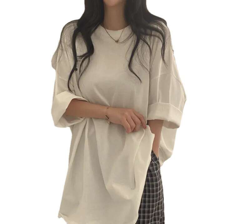 Cotton Short Sleeve T-Shirt For Women, Summer White, Loose Fit, Thai Trendy Brand, Mid-Length, New Korean Style B5