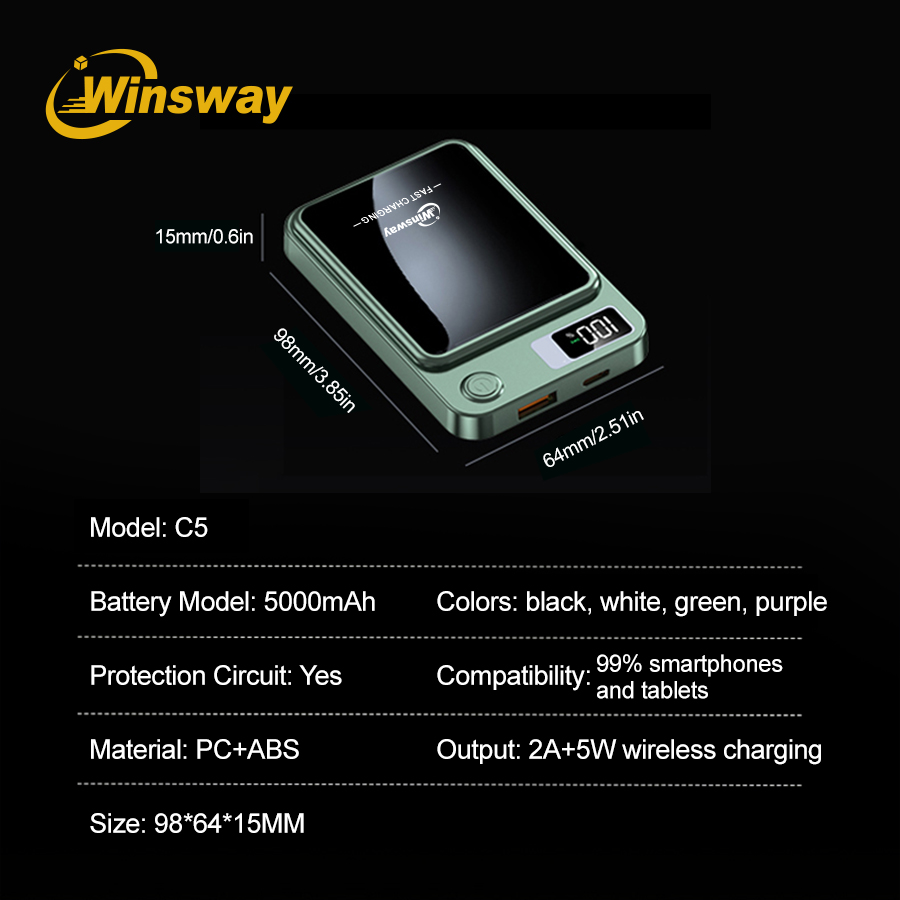 Winsway 5000mAh Magnetic Power Bank LED Power Display Wireless Fast Charger Simultaneously Charge 2 Devices for iPhone Portable Auxiliary Battery Pack