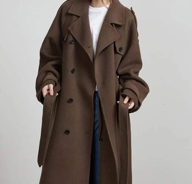 Womens Casual Loose Double-Buckle Turn-Down Collar Elegant Woolen Coat