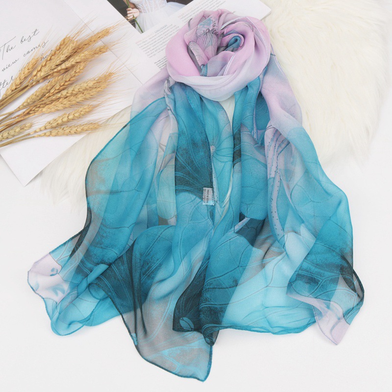 K1283 High-quality georgette printed small silk scarf for women Korean imitation silk long thin silk scarf elegant lotus decorative scarf