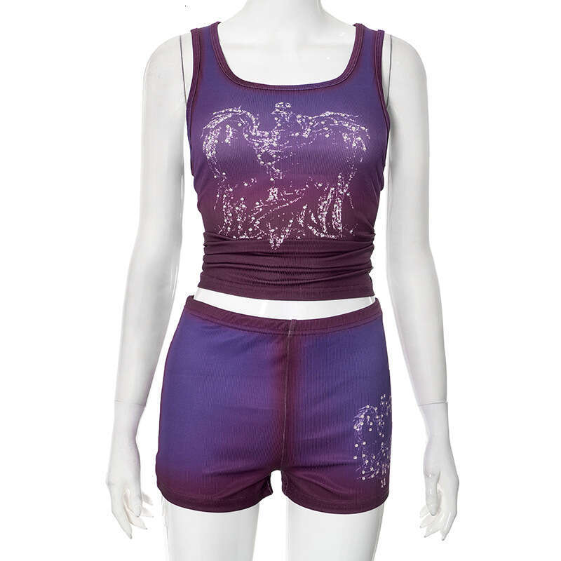 Sexy Hot Girl Mesh Butterfly Print Ruched Camisole Waist Slimming Tank Top Shorts Set B5