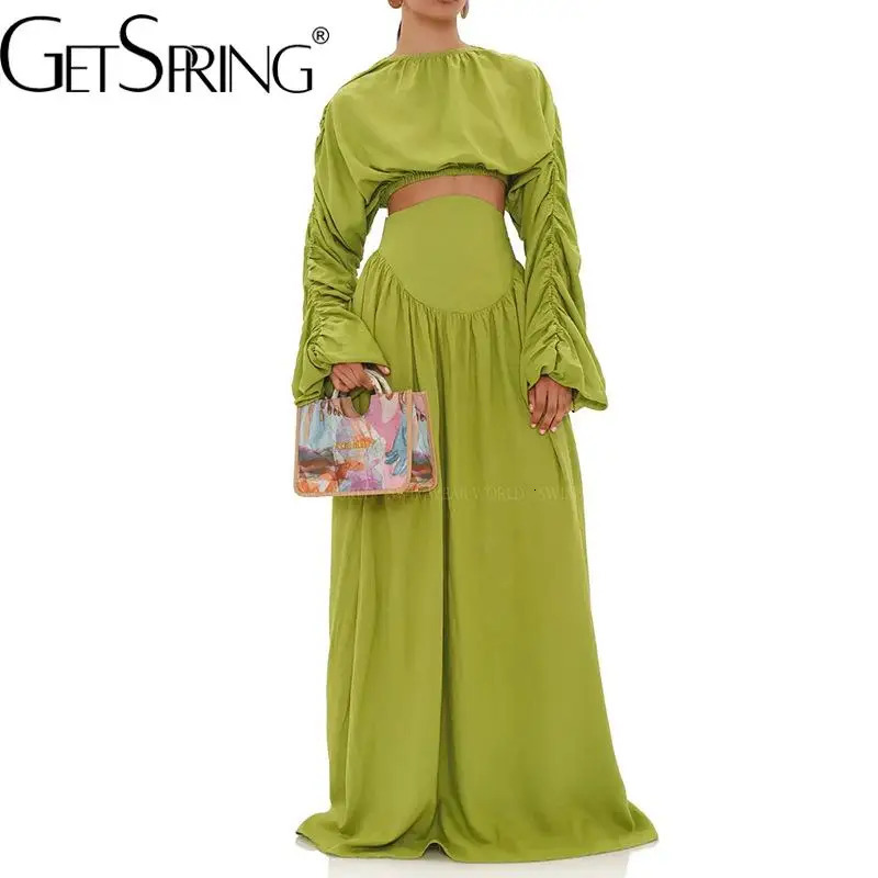 Autumn Fashion Round Neck Pleated Full Sleeve Short Top High Waist Long Skirt Two Piece Sets 250709