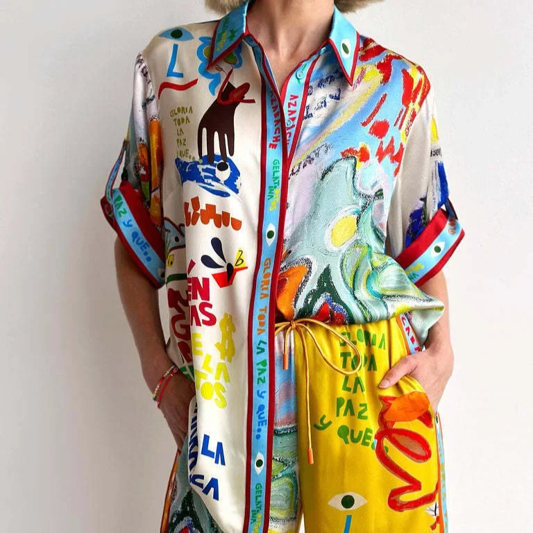 Graffiti Print Short Sleeve Color Block Holiday Casual Knot Set Womens Skirt Suit Fashionable Streetwear CrossBorder 250709