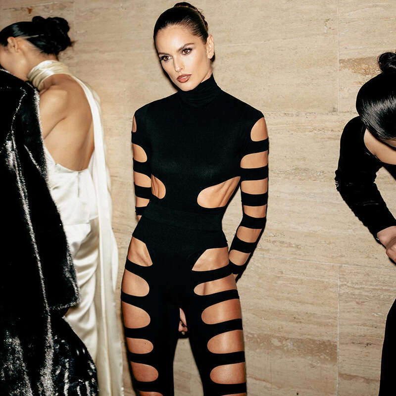 new Hollow Out Sexy Long Sleeve Bodysuit Asymmetric Hot Girl Personality Set B5