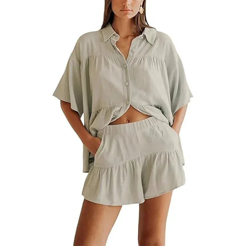 Womens Summer Shirt and High Waist Shorts Set Polyester Fiber Skirt Ensemble TwoPiece Suit from Mainland China 250709