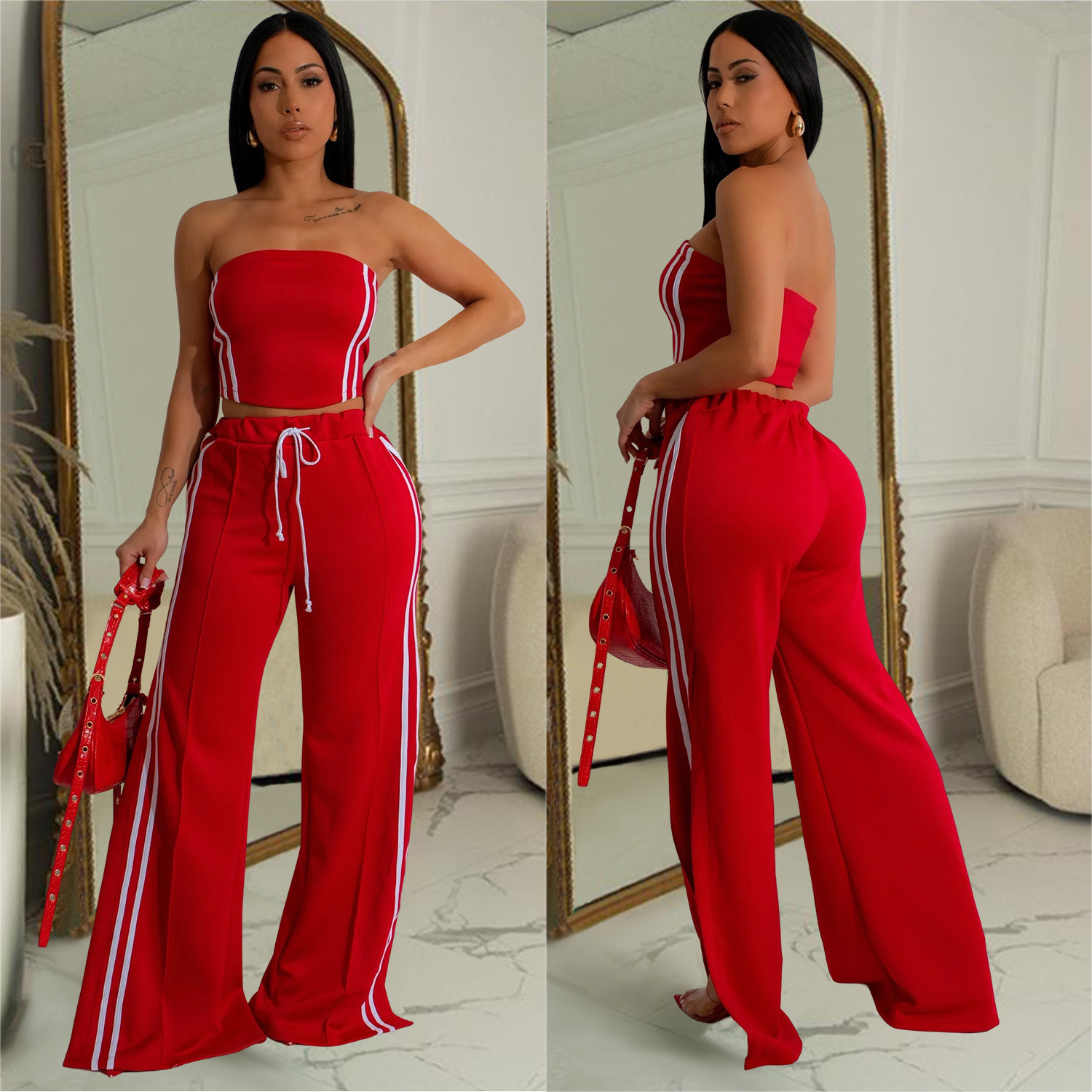 C7056 Summer Womens Outfit Sexy Strapless Top with Draped Straight-Leg Pants Fashion Set