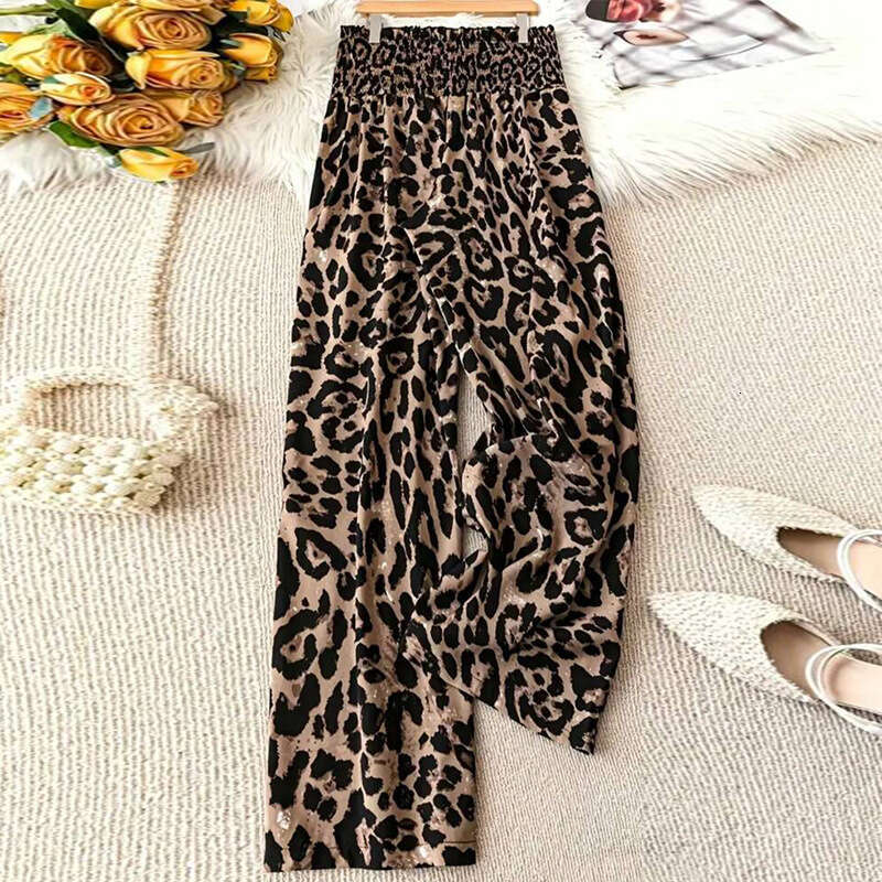 Summer Elegant Leopard Print Casual Straight Women's Pants With Elastic Waist B5