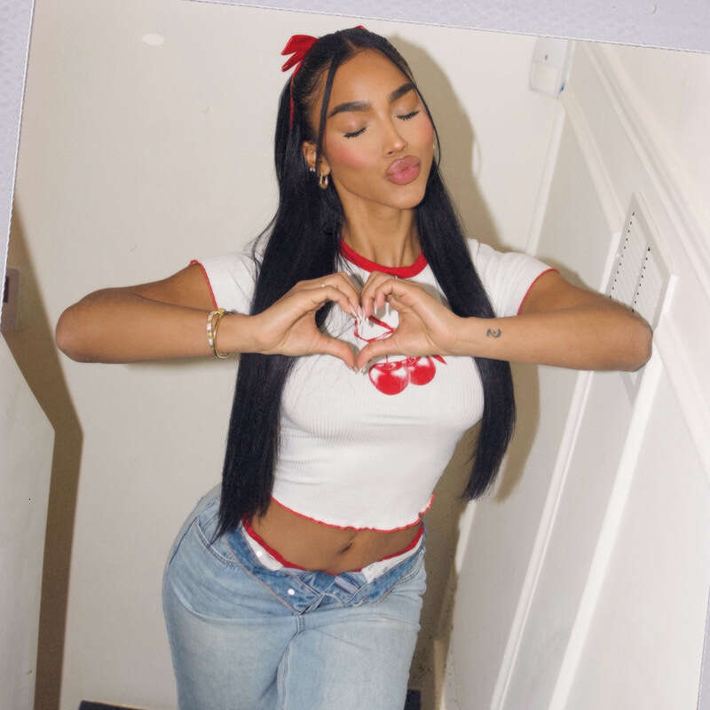 Women's Spring Summer Hot Girl Style Round Neck Cherry Print Color-Block Crop Top B5