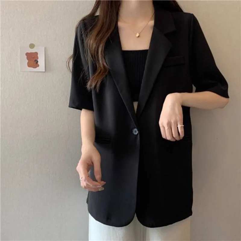 White Shortsleeved Blazer Jacket Women Summer Chic Single Button Notched Collar Outerwear Ladies Korean Loose Office Suit Coat 250709