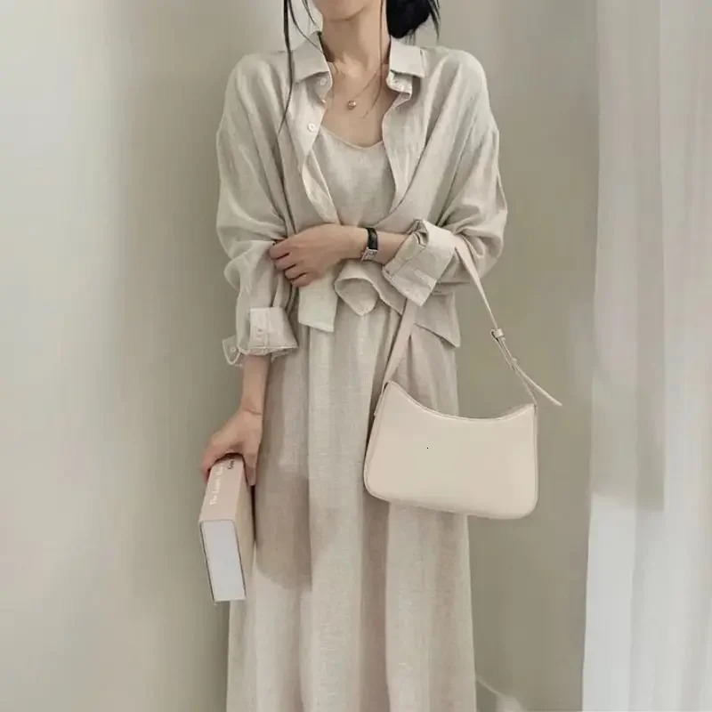 2Piece Set for Women Chic Korean Style SpringAutumn Vintage Elegant AgeReducing Sexy Tank Dress Shirt Jacket 250709