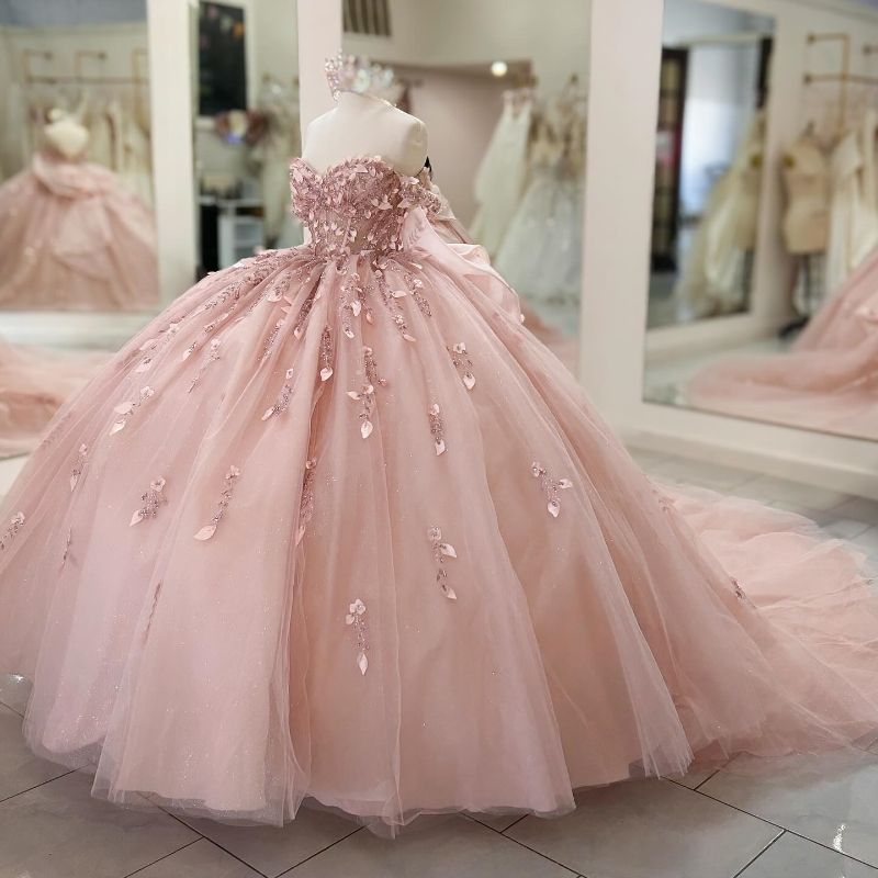 Pink Shiny Quinceanera Dresses Ball Gown Off Shoulder Appliques Lace Bow Beading Tull Birthday Payty Sweet 16 Dress Vestidos 15 De Anos