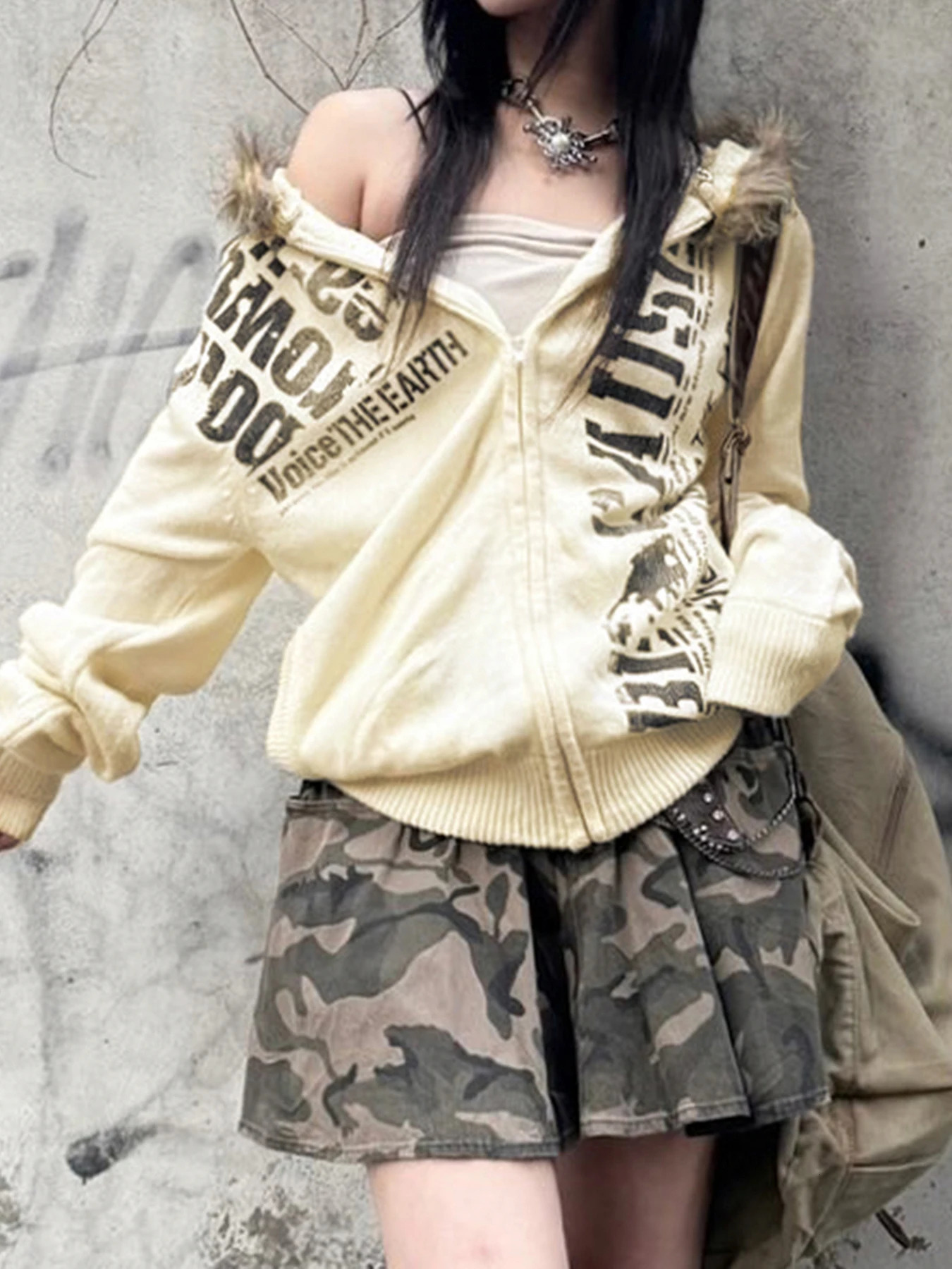 Alt Goth Vintage Harajuku Y2k Sweatshirt Women Cyber Punk Gothic Letters Printed Fur Collar Zipper Loose Casual Hooded Cardigan 250709