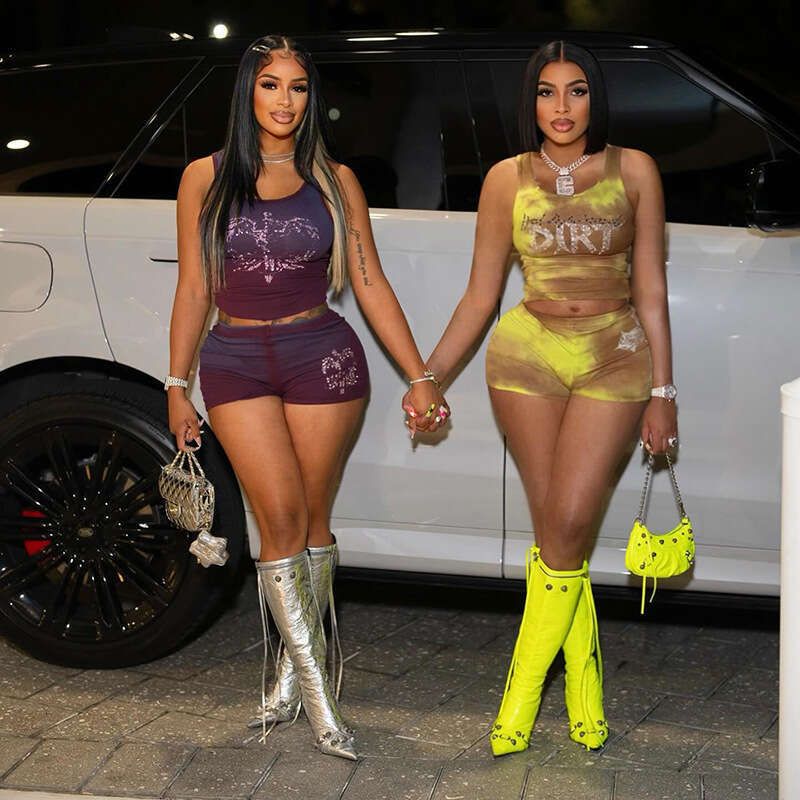 Sexy Hot Girl Mesh Butterfly Print Ruched Camisole Waist Slimming Tank Top Shorts Set B5