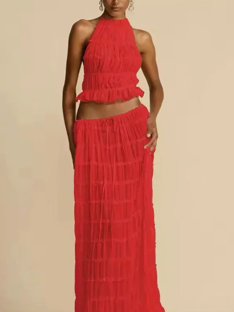 Summer Female 2 Piece Set Outfits Fashion Halter Neck Long Skirt Suit Women Backless Sling Top Lace Up Fold Maxi Skirts 250709