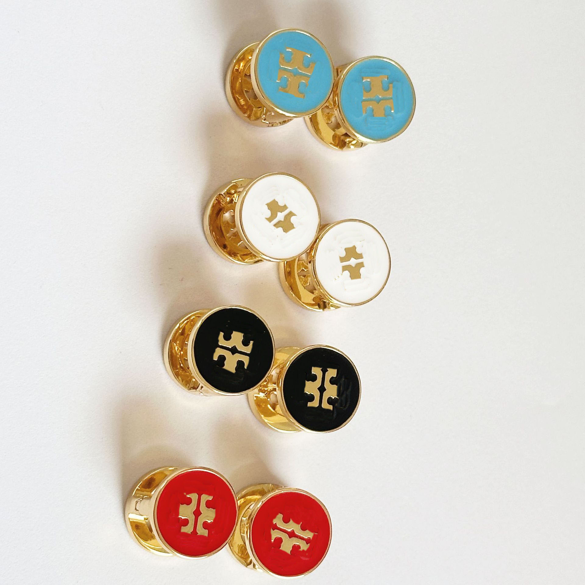 Designer Fashionable Brass Gold-Plated Button Earrings - CZ-Embedded Hollow-Out Enamel, Double-Sided Convertible Huggie Earrings