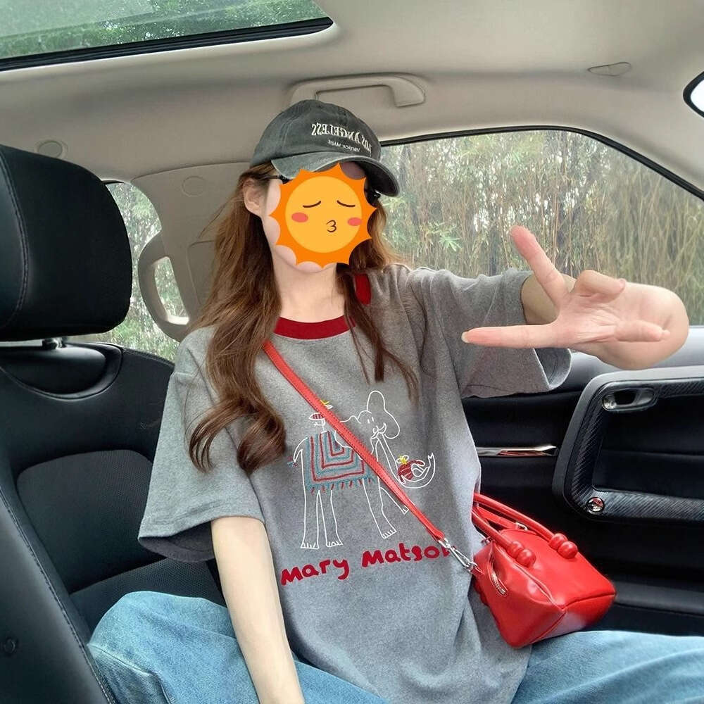 Summer New Korean Style Gray Elephant Short Sleeve T-Shirt For Women, Color-Block, Youthful, Loose Fit, Trendy Top B5