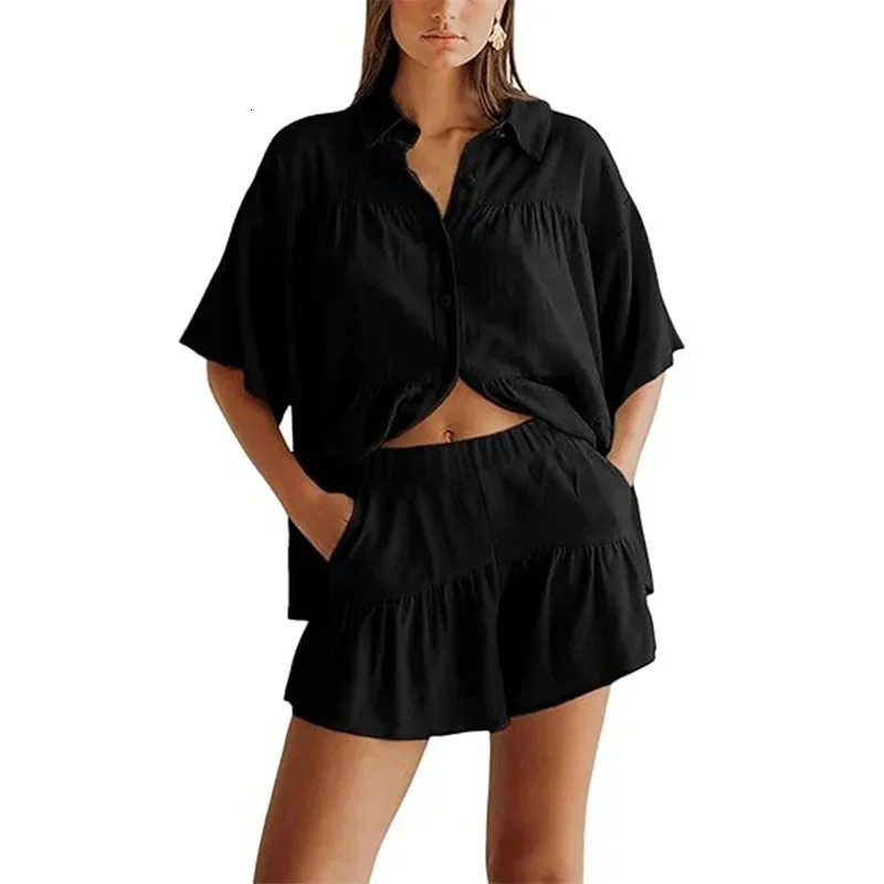 Womens Summer Shirt and High Waist Shorts Set Polyester Fiber Skirt Ensemble TwoPiece Suit from Mainland China 250709