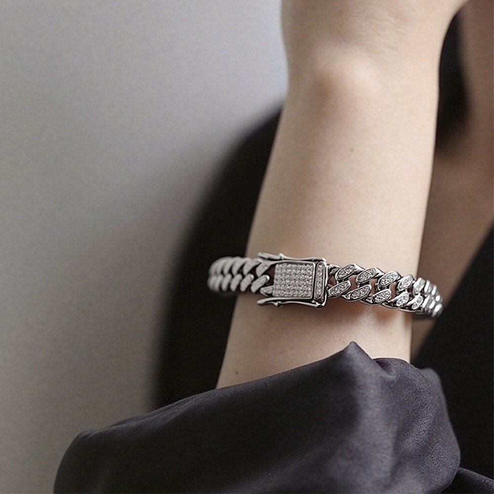 Necklace and bracelet 925 silver Cuban chain 6.5MM wide oval full diamond flip cover hip hop Couple's bracelet