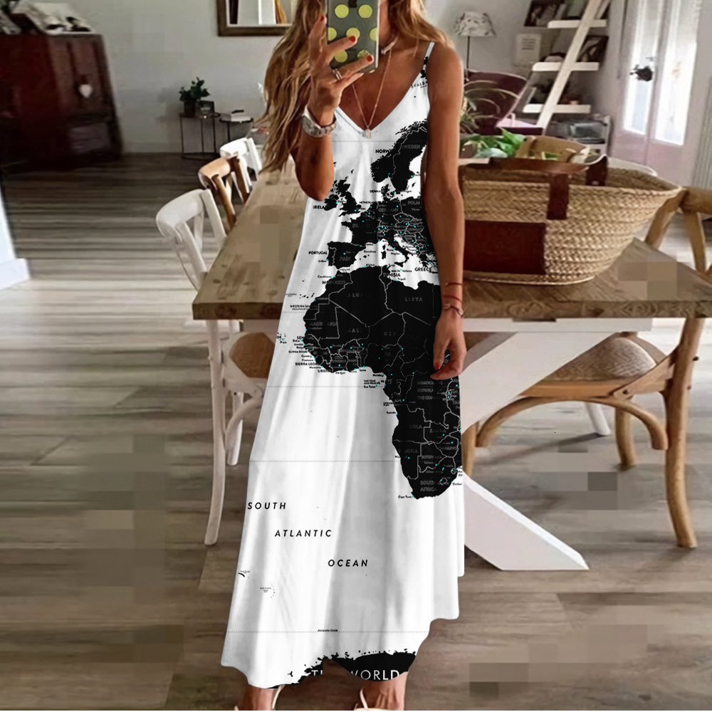 New Summer Map High Waist Slimming Dress Personality Series Strap Bodycon Dress 250121