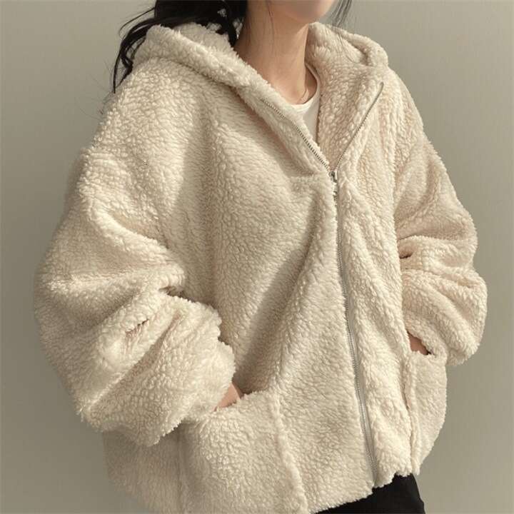 New Korean Version Mid-Length Thickened Hooded Coat Faux Shearling Fleece Zipper Jacket For Women Winter Warm B5