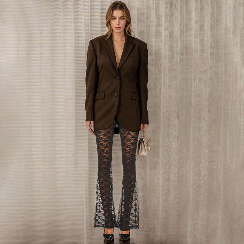 Flared Wide-Leg Small Floral Sexy Lace Versatile High Elasticity Sheer Casual Long Pants B5