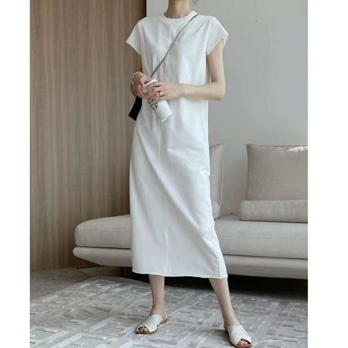 White Niche Design Short Sleeve T-Shirt Straight For Women Summer New High-End Long Dress B5