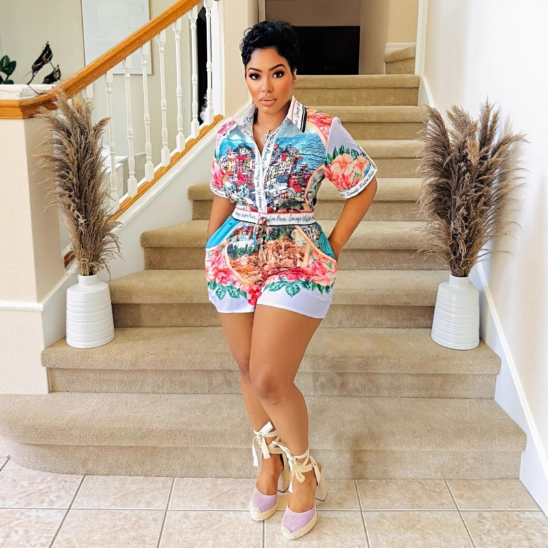 Women Tracksuits Two Pieces Set 2025 New Personalized Positioning Printed Short-sleeved Shorts Color Matching Vacation Casual Suit