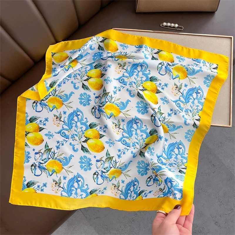 Summer Sunscreen Lemon Print 70cm Square Beach Silk Scarf Casual Elegant Thin Breathable Neck Women Head Wrap Hair Scarves Shawl M250709