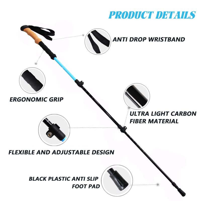 OKHEALING Carbon Fiber Trekking Poles 3 Section Ultra-light Folding Cane Portable Walking Stick with EVA Handle for Off-road, Camping, Mountaining, Ba