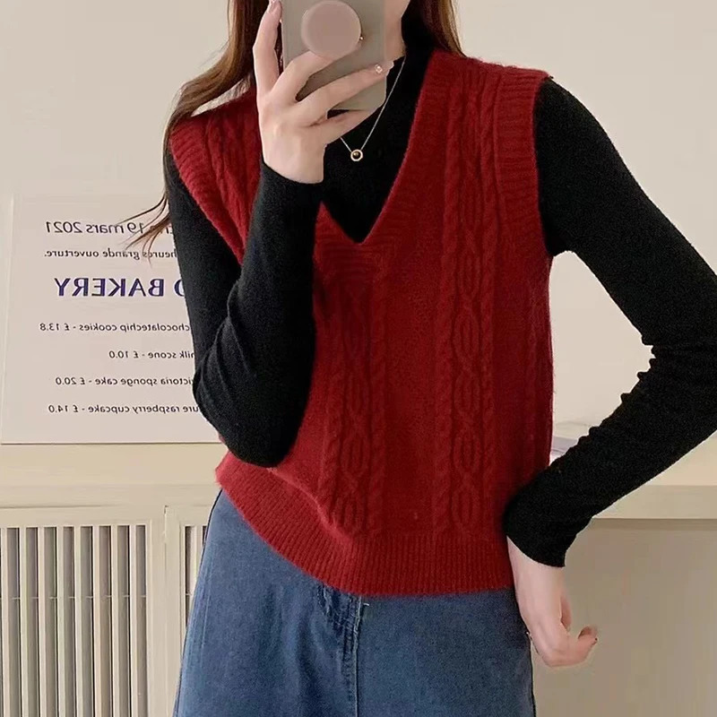 HELIAR Women V-neck Sweater Vest Solid Sleeveless Preppy Style Sweet Knitted Vest Female Casual Pullover Waistcoat Fall Winter 250709