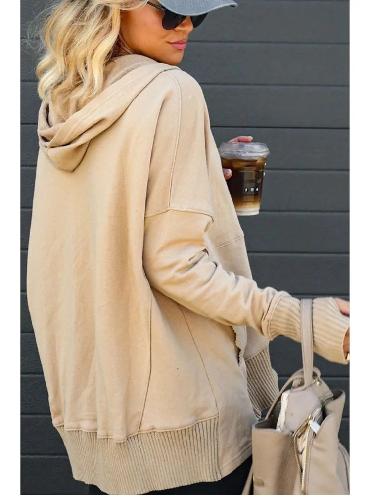 Casual Loose White Women Sweatshirt Autumn Winter Vneck Hooded Batwing Sleeve Hoodie Threaded Splicing Top For Pullovers 250709