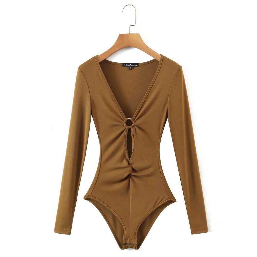 Ins Hot Girl Sexy Low-Cut Tight Hollow Out Jumpsuit Women Solid Color Slim Fit Long Sleeve Base Shirt T-Shirt B5