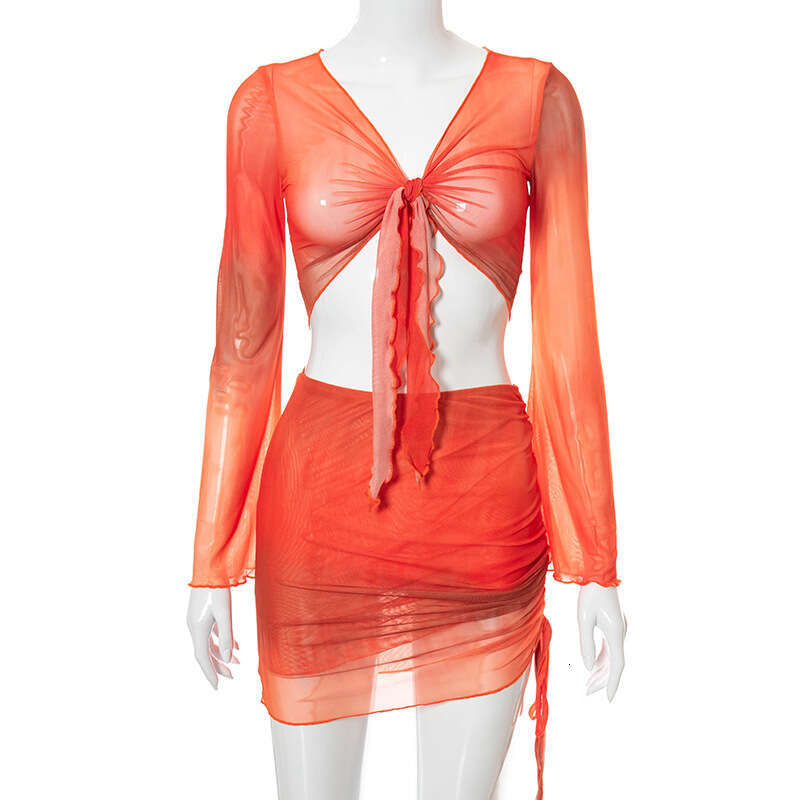 Mesh Women's Clothing Spring Summer Printed Crop Top Flared Sleeve Beach Short Skirt Set B5