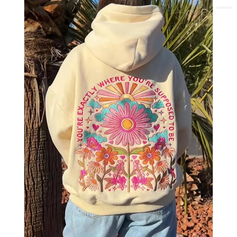 Women's Hoodies Combhasaki Women Floral Letter Hooded Pullover Cozy Stylish Long Sleeve Loose Sweatshirts With Kangaroo