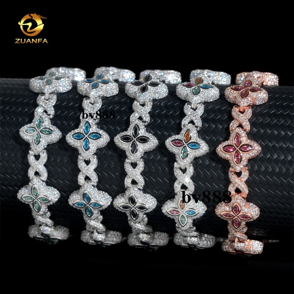 Hot Selling Colorful Hip Hop Iced Out Jewelry 15mm 925 Silver Clover Cuban Moissanite Infinity Link Bracelet for Men