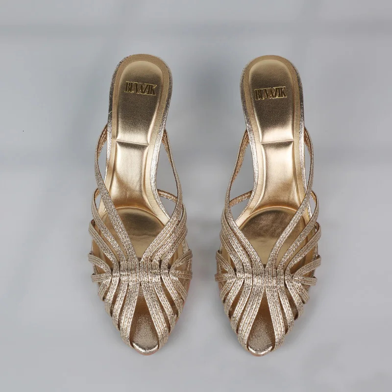 Gold Hollow Thin Strip Heels for Women Pointed Toe Heeled Pumps Office Lady Mules Summer Stiletto Shoe Sandals 2025 250703