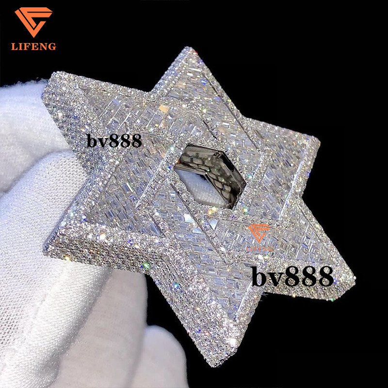 VVS Baguette Round Cut Moissanite Hip Hop Star of David Pendant Full Iced Out 18K Solid Gold Rappers Charm Pendant for Unisex