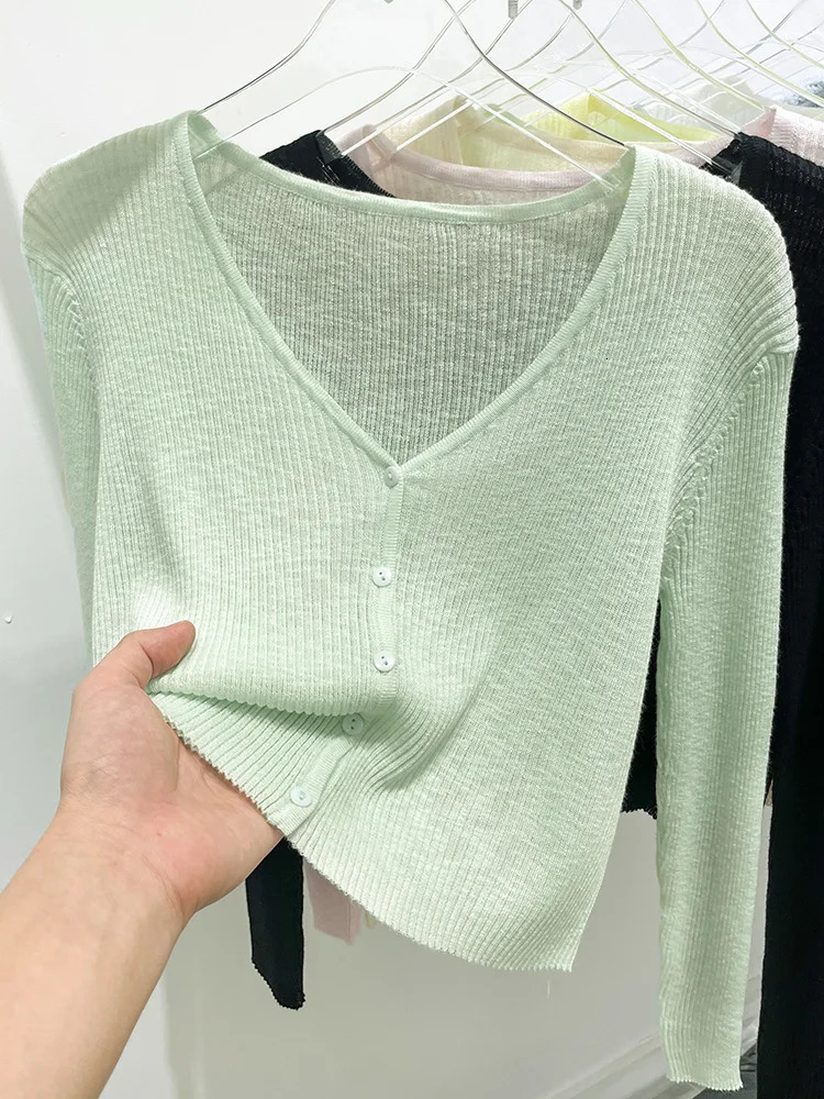 Korean Cardigan Women Thin Summer Casual Solid Feminino Sun-proof All-match Knitted V-neck Sweet Style Candy Color Basic Daily 250709